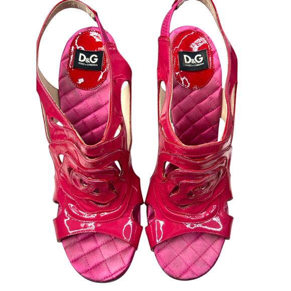 Vintage Dolce & Gabbana Patent Leather Pink Rose Open Toe Heels Size 40 US 10 - Picture 11 of 15